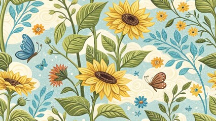 Vibrant sunflower garden with butterflies on a cloudy blue day