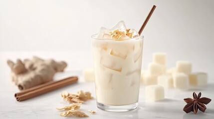 Iced creamy ginger beverage with cinnamon, sugar cubes, and star anise.