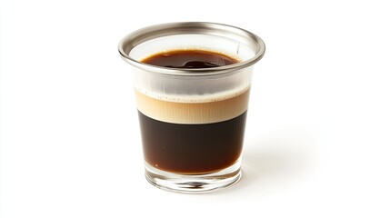 Close-up of a layered espresso beverage in a clear glass with a metallic rim, isolated on white background.