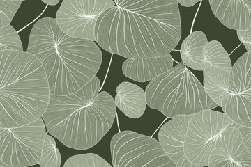 Padrão contínuo (seamless pattern) de folhas estilizadas em tons de verde com linhas delicadas em branco, criado com IA generativa.