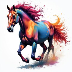 Colorful vibrant horse portrait in motion. Dynamic animal with colorful mane, tail. Running wild horse in fantasy style. Close up view of animal head, body. Mythic creature art style. Isolated