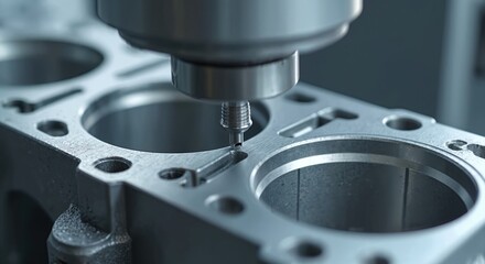 Metal engine block part on precise dimension measurement using probe stylus. Multi-axis coordinate measuring machine precisely inspects part. Quality control process ensures accuracy. Industrial