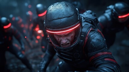 An intense scene of astronauts in a hostile environment highlights the struggle against forces of nature, emphasizing humanity's courage and resilience in the face of adversity.