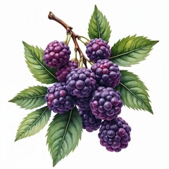 Fototapeta premium Fresh juicy deep purple blackberries cluster on branch with green leaves. Isolated on white background. Visual, creative fruit image for food, summer, healthy vegan themes. Vibrant, colorful berry