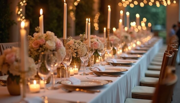 Festive table setting for wedding dinner party. Elegant candlelight illuminates long table beautifully set with flowers, plates, glasses, cutlery. Light-colored tablecloth covers table. Arrangements
