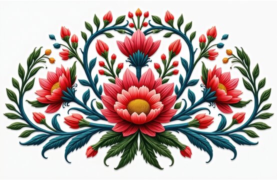 Ornate floral design. Decorative flower, foliage. Vibrant colors. Traditional folk art style. National Slovak ornament. Bohemian style. Embroidered pattern for sticker decor. Beautiful illustration.