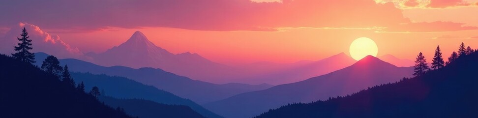 Fototapeta premium Ombre sunset on a mountain range with wispy clouds and trees, serene, texture