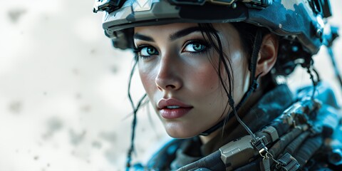 Close-Up Of A Young Person In Military Gear With A Commanding Gaze Against A Softly Blurred Background of Action and Purpose. Focused on Strength and Determination. Ready For Battle. A Realistic
