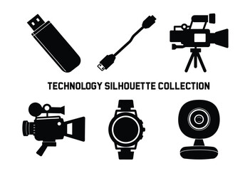 Technology Gadget Silhouette Vector, Computer Silhouette, Cable, Watch, Camera, CPU, Microphone Vector art, Robots Silhouette Icon Vector, Router Vector, Icon, Game Controller Icon.