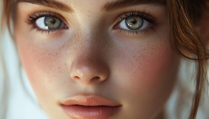 Naklejka premium Close-up of a freckled face with striking eyes