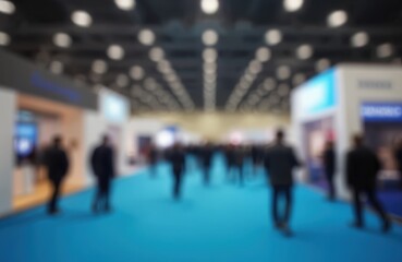 Large exhibition hall busy with many people walking. High ceilings, blue carpeted floor. People wear business attire. Many booths, stalls visible. Looks like international tradeshow incentive meeting.