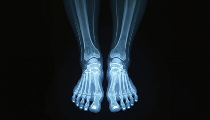 Medical x-ray image of two human feet. Bones, joints clearly visible. Diagnostic image for evaluating foot health. Potential use in healthcare, orthopedics chiropody. Medical pro analyze bones for