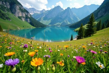 Overgrown meadow with colorful wildflowers near a mountain lake, natural, nature, serene landscape