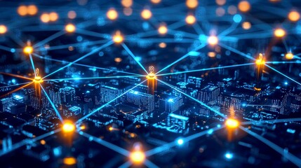 Obraz premium Futuristic Smart City Network: A Digital Cityscape of Global Connections and Innovation