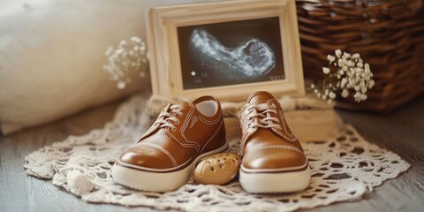 A creative photo of a pregnancy announcement with baby shoes and an ultrasound picture