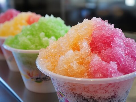 Colorful shaved ice desserts in cups: A refreshing summertime treat