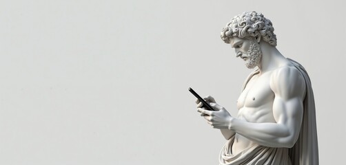 Ancient Greek statue uses smartphone. Classical male figure interacts with modern tech. Fusion of ancient aesthetics, contemporary technology. Timeless elegance, innovation. Modern art piece. Classic