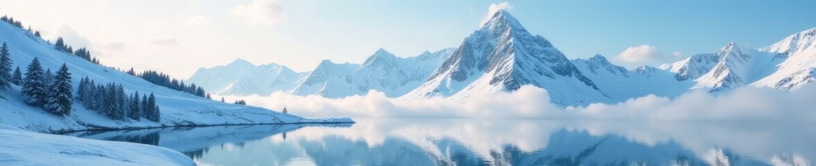 Obraz premium Snow-covered Zugspitze in clouds over icy lake landscape, peaks, cloud