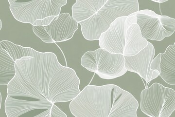 Padrão contínuo (seamless pattern) de folhas estilizadas em tons de verde com linhas delicadas em branco, criado com IA generativa.