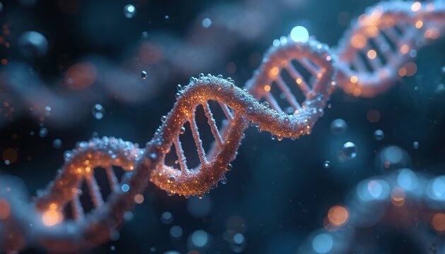 Futuristic biomolecular structure glows with light. DNA helix surrounded by water bubbles. Complex organic liquid environment. Abstract sci-fi concept. Digital artwork biological innovation. Close-up