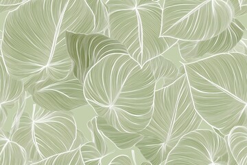 Padr&atilde;o cont&iacute;nuo (seamless pattern) de folhas estilizadas em tons de verde com linhas delicadas em branco, criado com IA generativa.