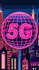 Fototapeta premium 5G technology futuristic digital network concept with glowing neon pink grid sphere and high-speed wireless connectivity symbol in modern smart city nightscape background