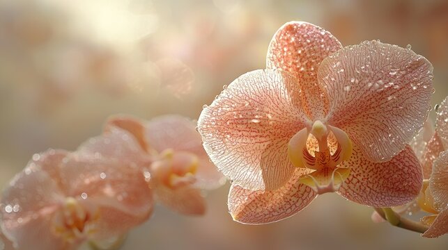 Dewy Peach Orchids Blooming in Sunlight, Garden Background, Spa Relaxation