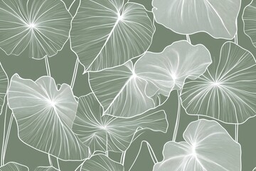 Padrão contínuo (seamless pattern) de folhas estilizadas em tons de verde com linhas delicadas em branco, criado com IA generativa.