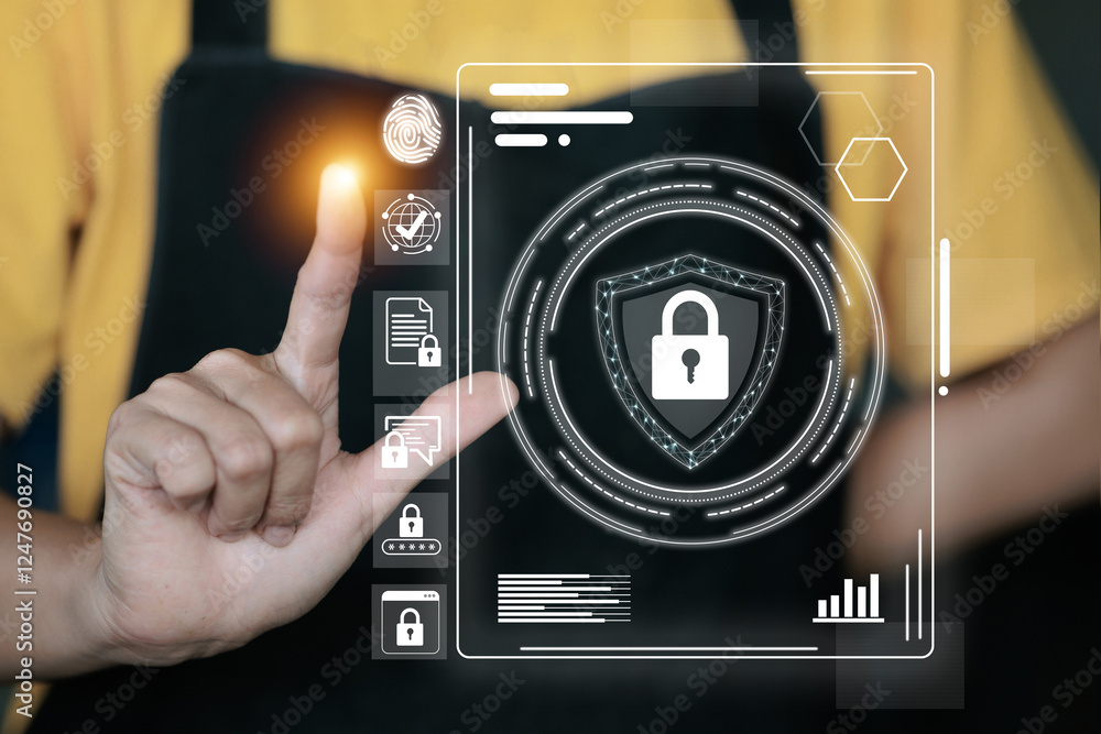 Poster a person is touching a screen with a security symbol on it. that symbol is a padlock.