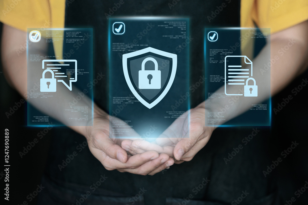 Poster a person is holding a screen with a blue shield on it. the shield has a key on it holographic securi