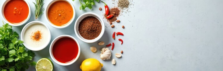 Top view of different sauces, seasonings in small bowls. Various sauces like orange, red, white displayed. Ingredients like herbs rosemary, thyme, cilantro, pepper, garlic, lime, lemon arranged
