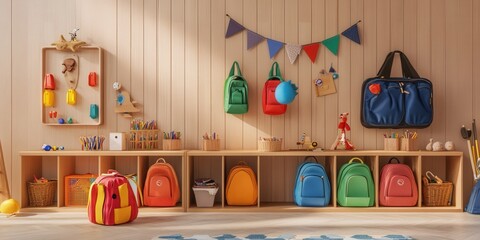 A creative representation of a pre-school morning routine with backpacks and cubbies