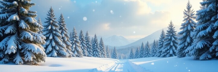 Obraz premium Snowflakes gently falling from the sky onto a peaceful winter landscape, pine trees, winter landscape
