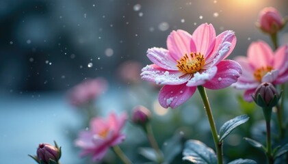 Snowflakes gently falling on a flower in the winter garden, cold, garden