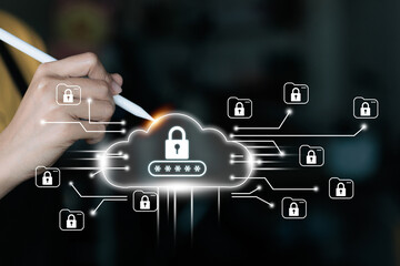 A hand holding a stylus pen points to a cloud icon with a key, representing cloud security and data protection.