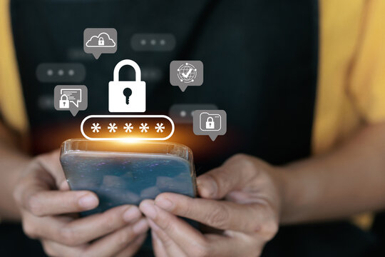 A hand holding a smartphone with a lock icon, a password field, and various security-related icons such as cloud storage, messaging