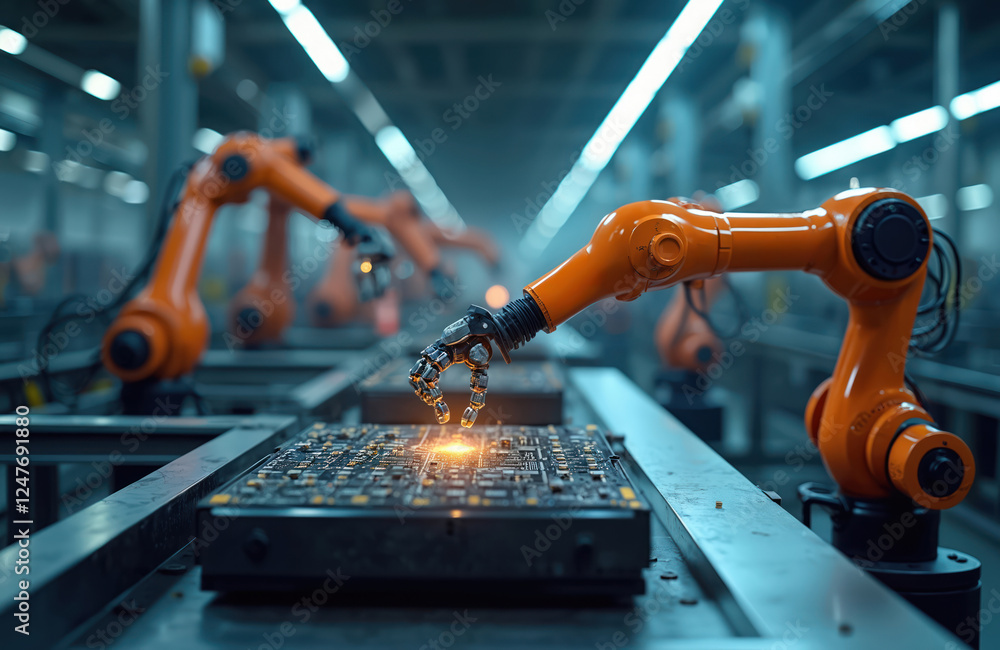 Poster orange industrial robots work on digital factory assembly line. sophisticated robotic arms handle ci