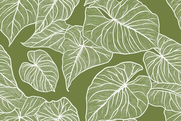 Fototapeta premium Padrão contínuo (seamless pattern) de folhas estilizadas em tons de verde com linhas delicadas em branco, criado com IA generativa.