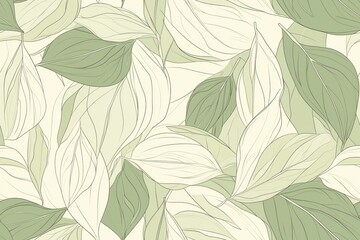 Padrão contínuo (seamless pattern) de folhas estilizadas em tons de verde com linhas delicadas em branco, criado com IA generativa.