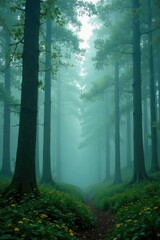 Naklejka premium towering tree trunks rise from the foggy landscape, green forests, serenity