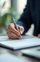 Person writes in notebook. Hand holds silver pen. Focused expression. Office setting. Organized work routine. Planning for success. Creating ideas, goals. Capturing details for later use. Detailed