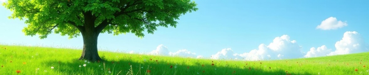 Fototapeta premium Tree in a green meadow with wildflowers swaying gently under a sunny blue sky, flowers, garden