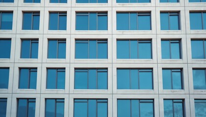 Modern building facade with many blue windows. Minimalist design. Geometric shapes create urban structure. Concrete material. Exterior design. Highrise building. Attractive look. Functional style.