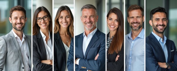 Diverse business people stand confidently in business attire. Smiling faces, pro poses. Group portrait montage. Successful, happy staff looking at camera in horizontal banner. Modern corporate