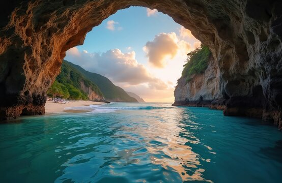 Beautiful cove opening to paradise beach. Calm turquoise water meets soft sand. Green hills, rocks form dramatic backdrop. Sun sets over horizon painting sky. Ideal for relaxation, travel. Scenic