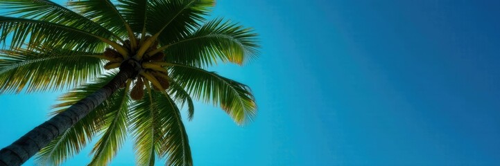 Tree with coconut palm leaves stretching towards the blue sky, nature, tropical, coconut