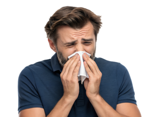 A man sneezing into a tissue with a pained expression as he experiences cold symptoms on a chilly day at home. isolated on transparent background.