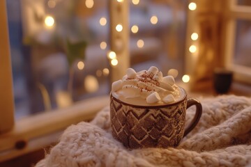 A cup of hot cocoa with whipped cream and marshmallows in a cozy setting