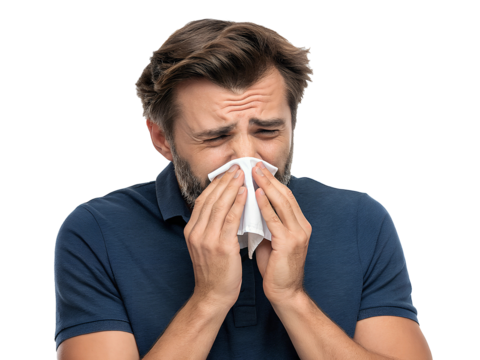 A man sneezing into a tissue with a pained expression as he experiences cold symptoms on a chilly day at home. isolated on transparent background.