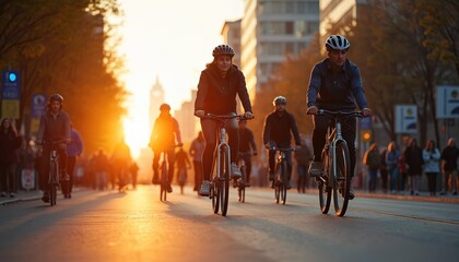 Group of people bike ride city street sunset. Active lifestyle. Urban scene. Golden hour light. Sunny day. People commute. Fun activity. Commuter culture. Summer day. Healthy urban transportation.